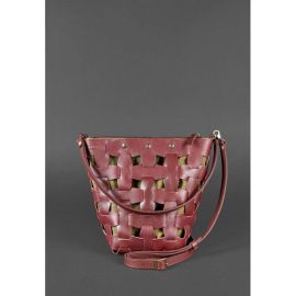 Кожаная плетеная женская сумка Пазл M бордовая Krast